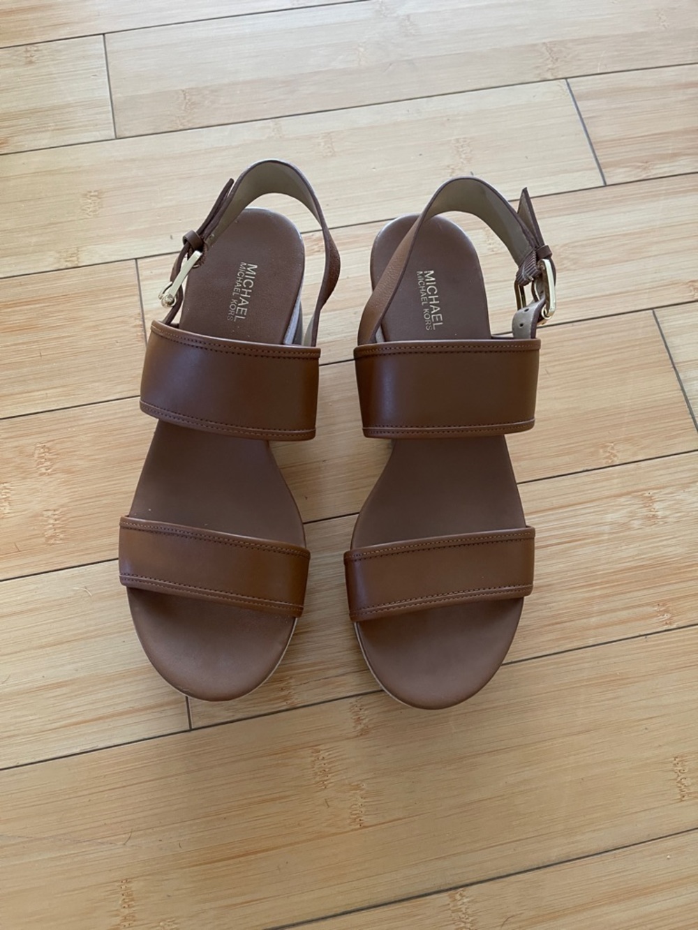 Women Michael Kors Brown Leather Double-Strap Slingback Platform Shoes Sandals 8